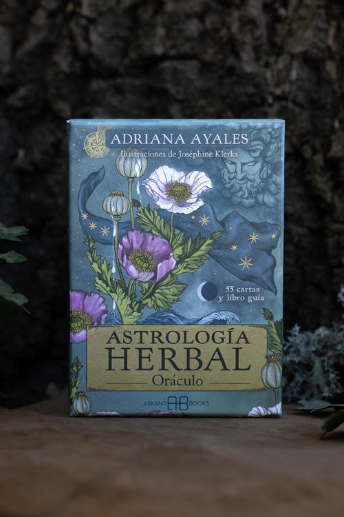 Astrología Herbal Oráculo de Adriana Ayales — caja con ilustraciones botánicas y astrológicas