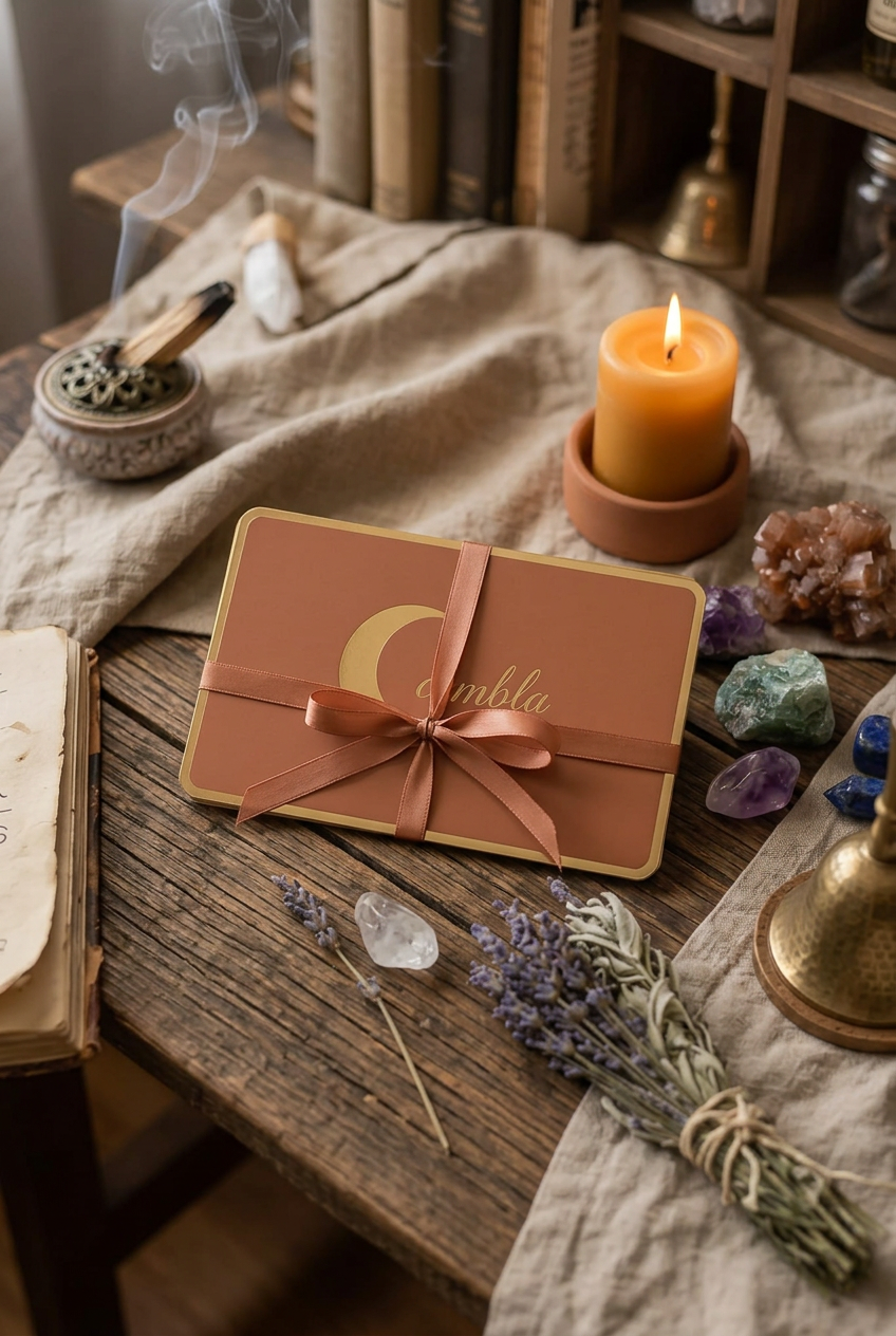 Tarjeta regalo de Cambla atada con un lazo terracota, sobre una mesa de madera en una escena cálida y esotérica con vela, cristales y lavanda