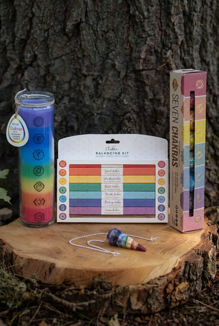 Kit de los 7 chakras con péndulo, kit de incienso con soporte, vela aromática de los 7 chakras y bombita de defumación