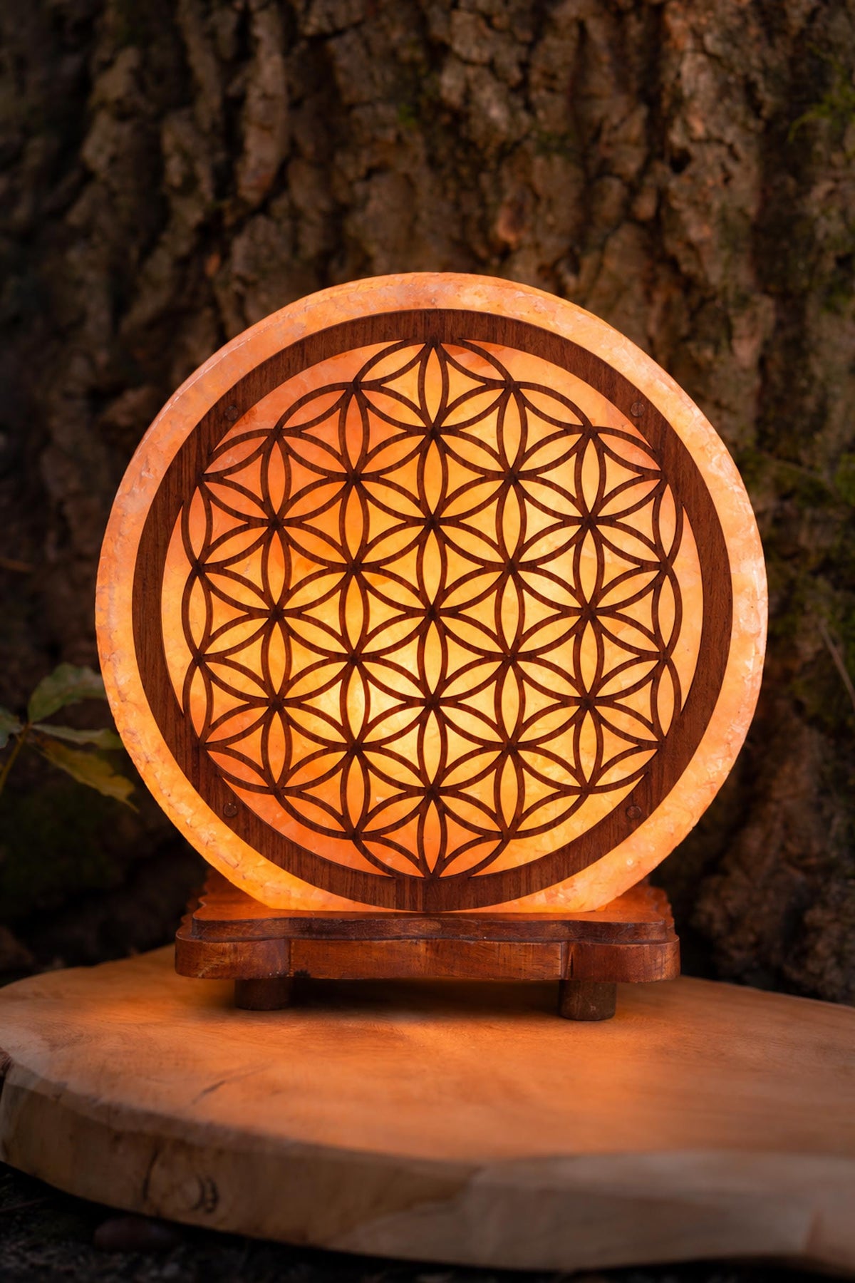 Lámpara de sal circular encendida con luz anaranjada y diseño de la Flor de la Vida sobre una base