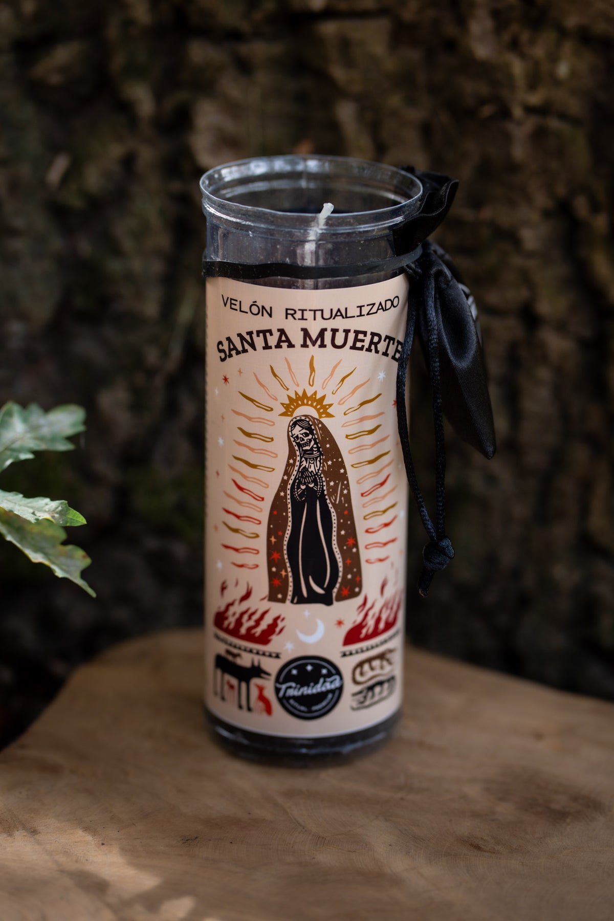 Velón Ritualizado Santa Muerte - Negro con imagen de la Santa Muerte y lazo negro