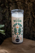 Velón Ruda - Blanco con ilustración de pájaros y planta de ruda
