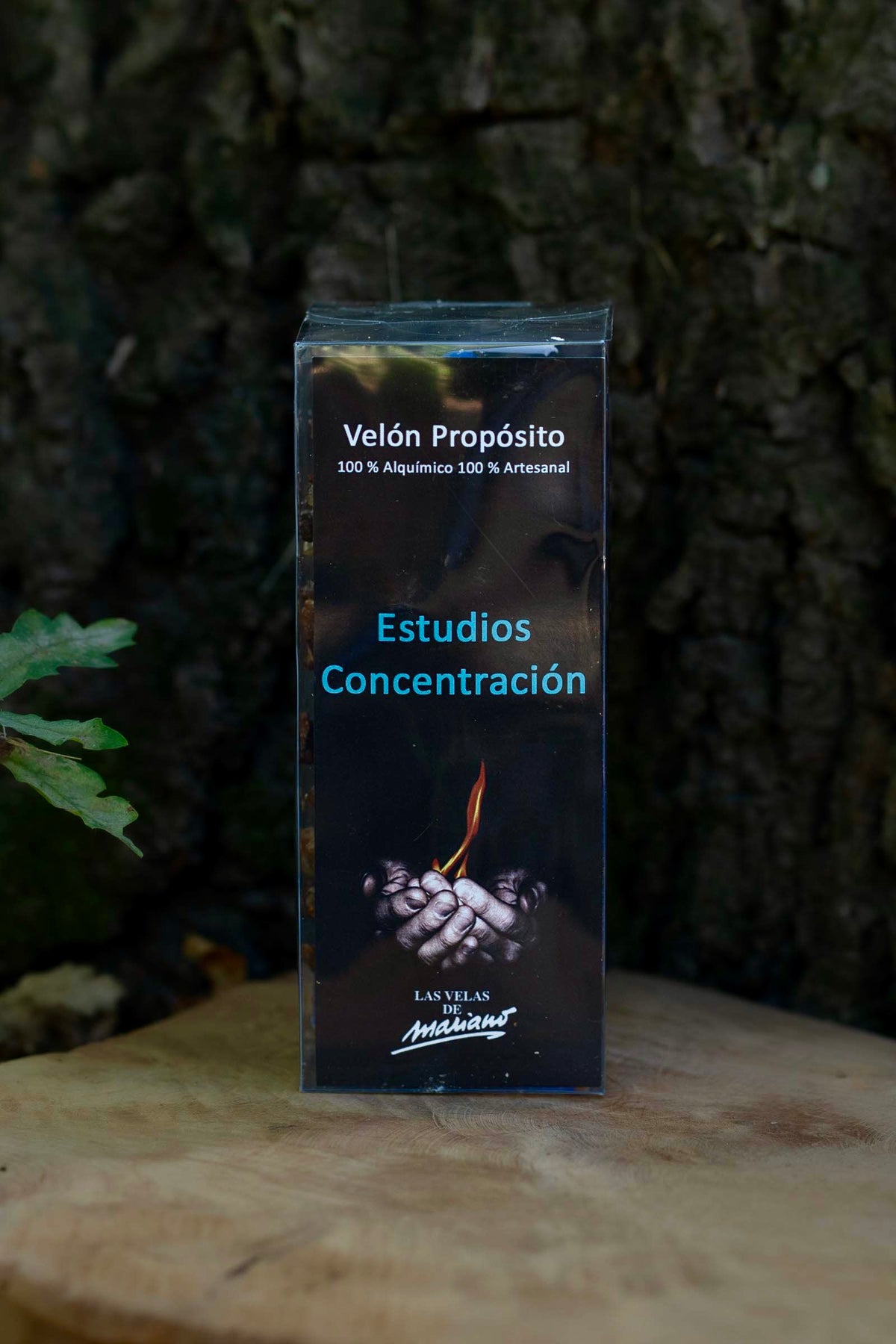 Etiqueta del Velón Propósito Estudios Concentración de Las Velas de Mariano, indicado como artesanal.