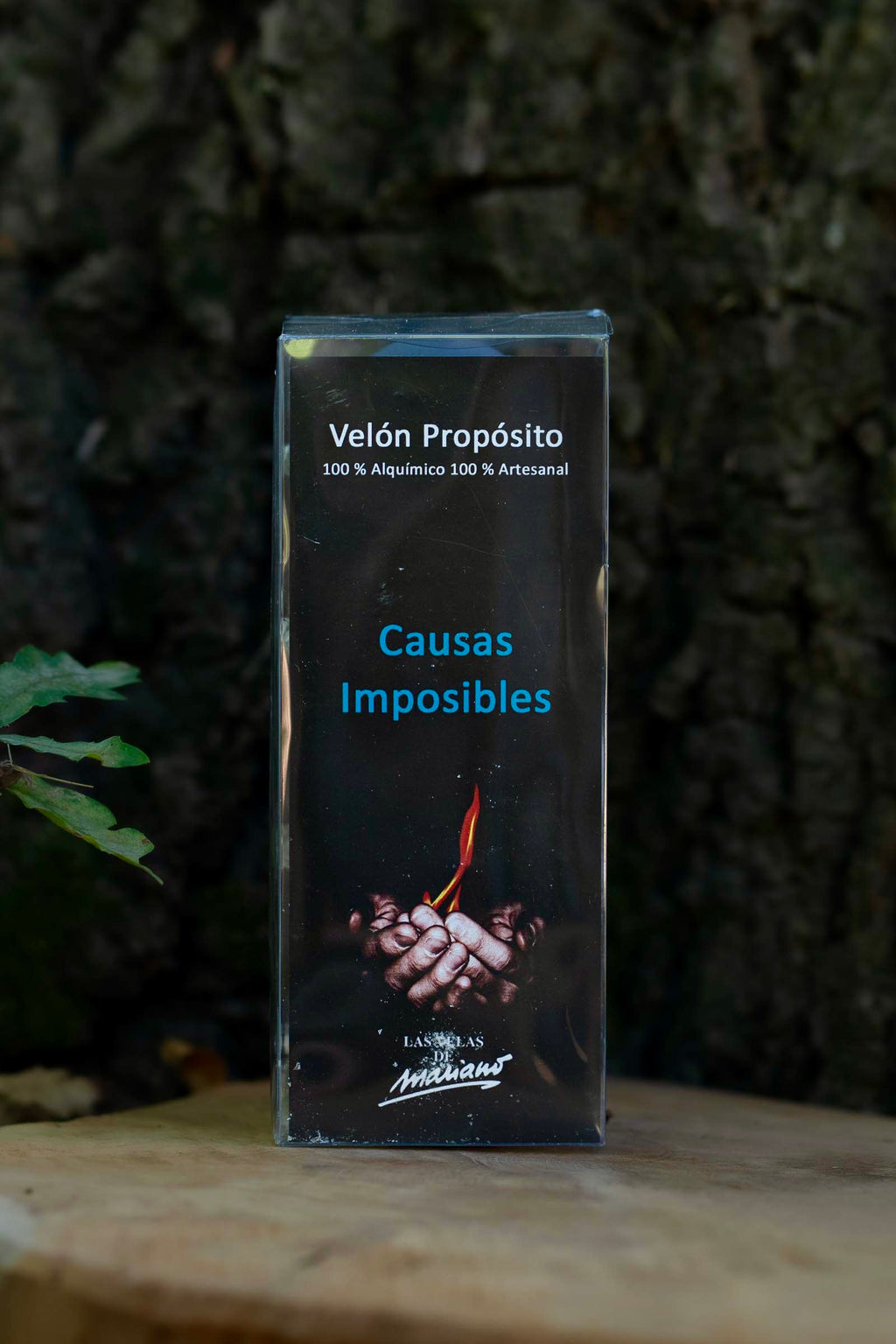 Etiqueta del Velón Propósito Causas Imposibles de Las Velas de Mariano, indicado como artesanal.