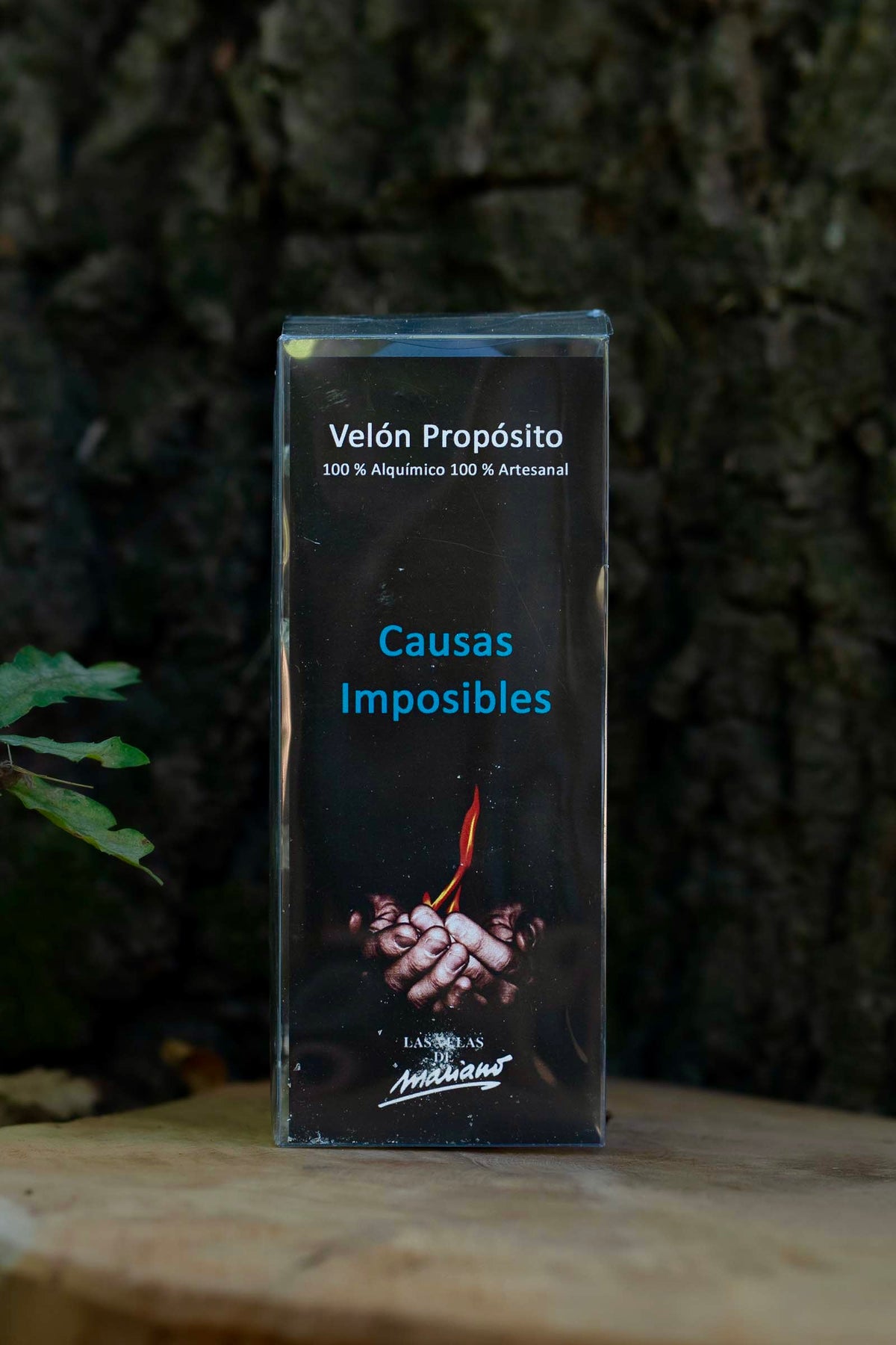 Etiqueta del Velón Propósito Causas Imposibles de Las Velas de Mariano, indicado como artesanal.