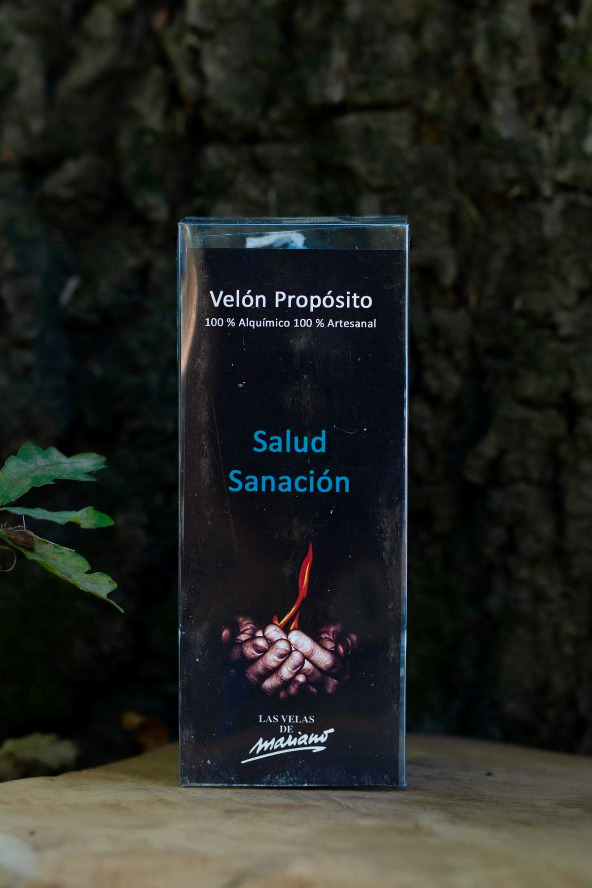 Etiqueta del Velón Propósito Salud Sanación de Las Velas de Mariano, indicado como artesanal.