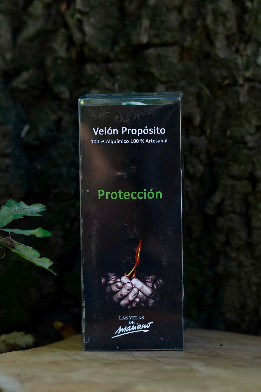 Etiqueta del Velón Propósito Protección de Las Velas de Mariano, indicado como 100 % artesanal.