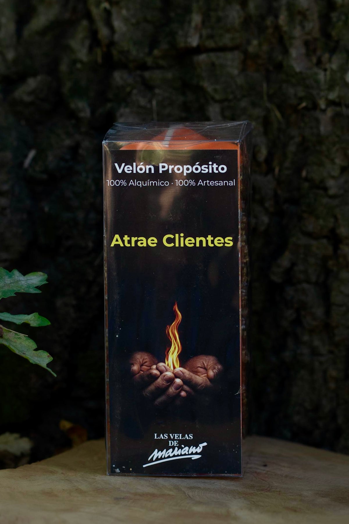 Etiqueta del Velón Propósito Atrae Clientes de Las Velas de Mariano, indicado como artesanal.