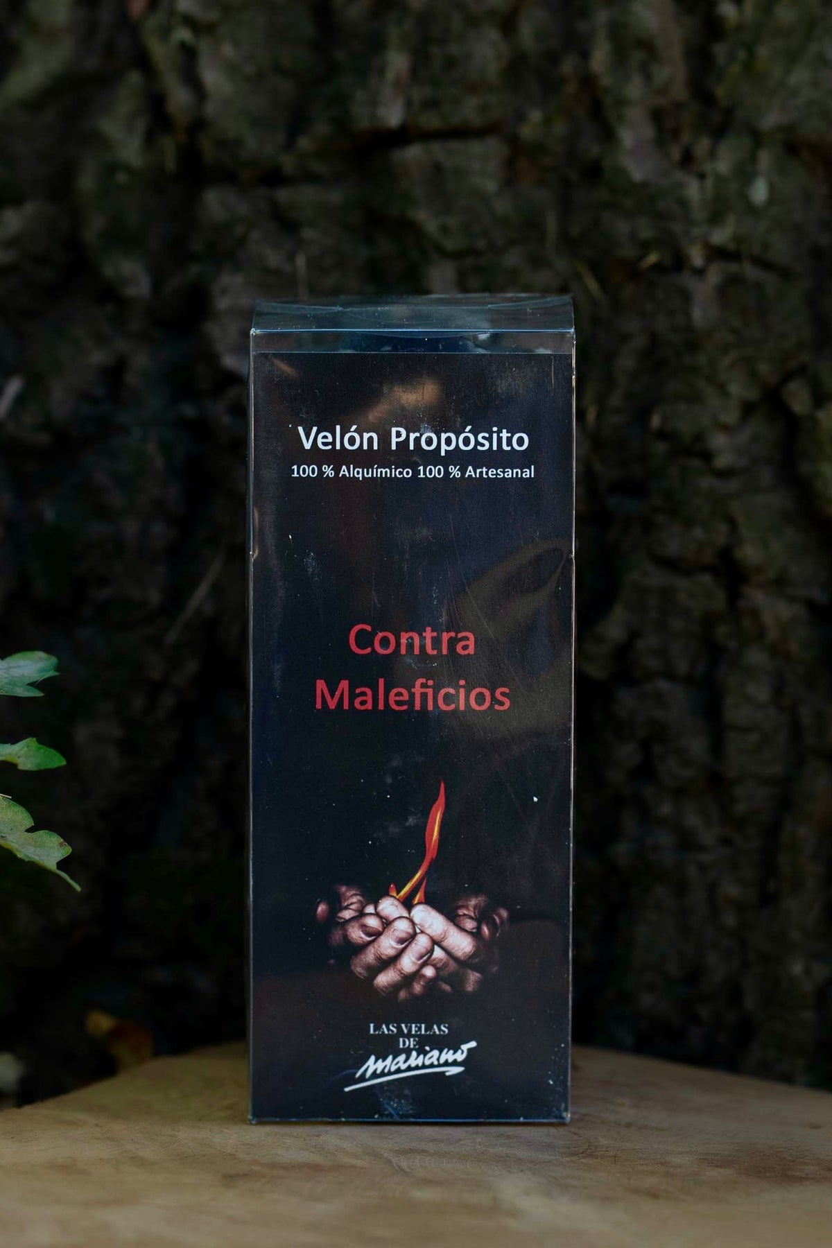 Etiqueta del Velón Propósito Contra Maleficios de Las Velas de Mariano, indicado como artesanal.