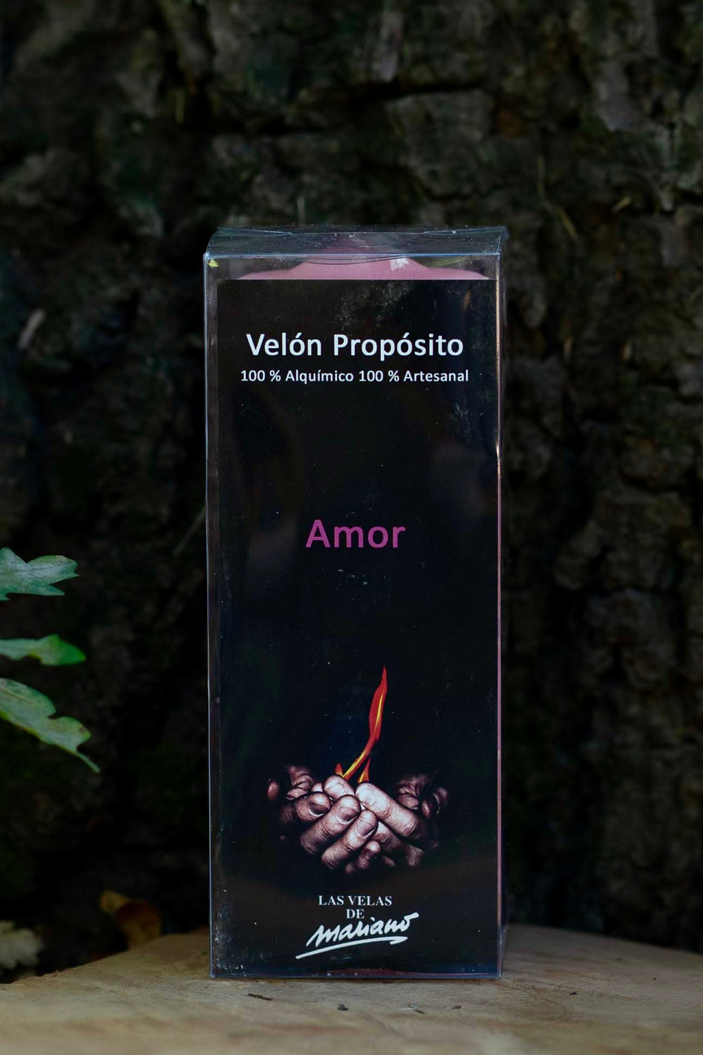 Etiqueta del Velón Propósito Amor de Las Velas de Mariano, indicado como 100 % artesanal.