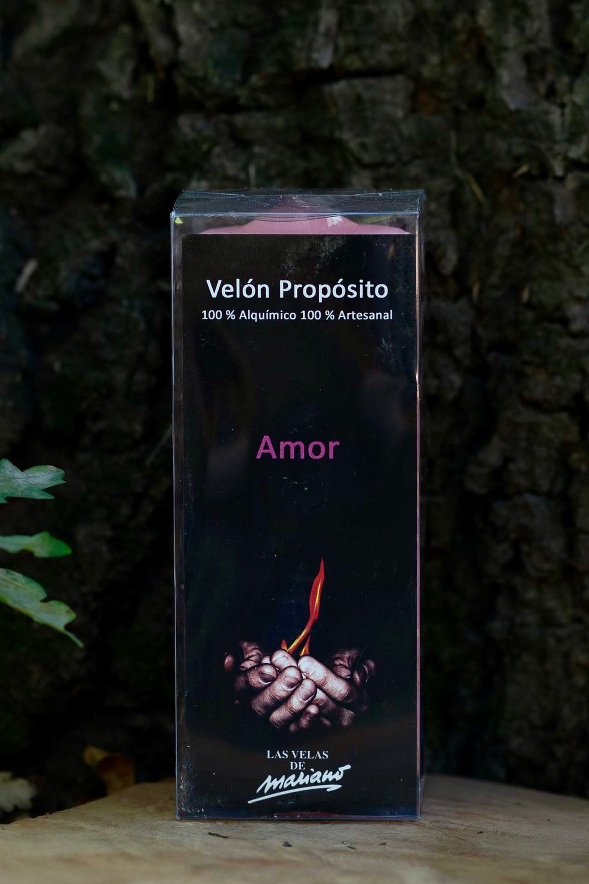 Etiqueta del Velón Propósito Amor de Las Velas de Mariano, indicado como 100 % artesanal.