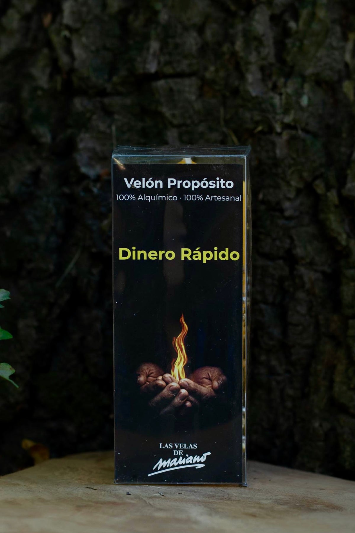 Etiqueta del Velón Propósito Dinero Rápido de Las Velas de Mariano, indicado como artesanal.