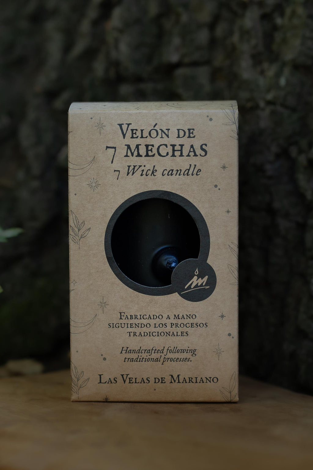 Caja del velón negro de 7 mechas de Las Velas de Mariano, fabricado a mano.